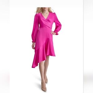 DKNY Donna Karan Surplice V-Neck Long Balloon Sleeve Asymmetrical Hem Faux dress